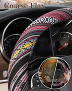 Boho Steering Wheel Cover with Baja Blanket Cloth, Ethnic Style Auto Wheel Cover Made of Coarse Flax, Fits 14 1/2-15 1/4 inches Car Wheel
