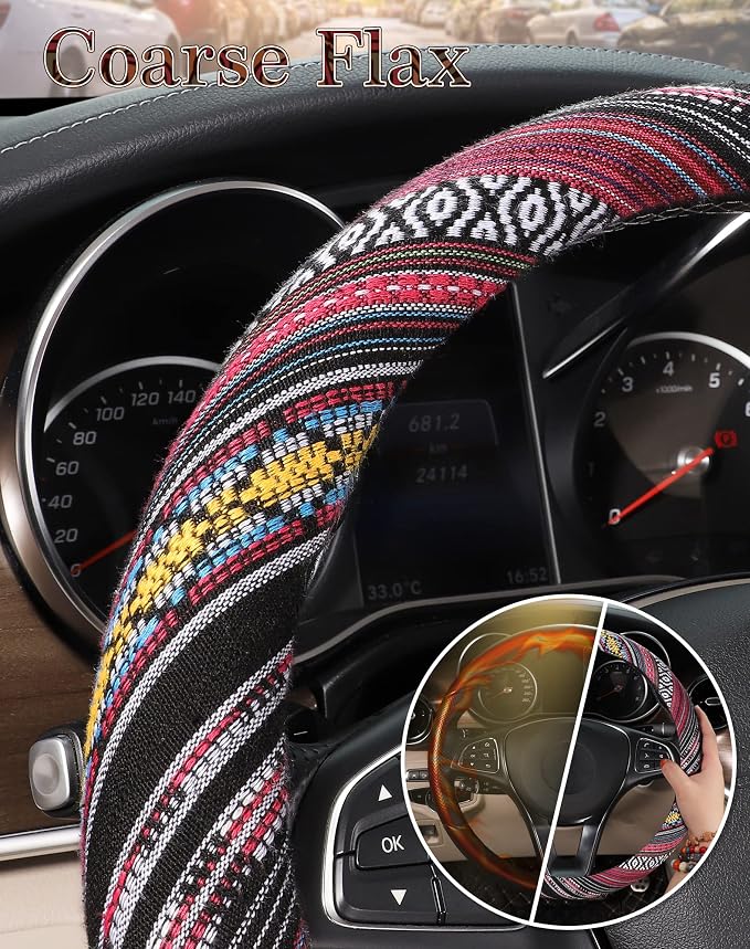 Boho Steering Wheel Cover with Baja Blanket Cloth, Ethnic Style Auto Wheel Cover Made of Coarse Flax, Fits 14 1/2-15 1/4 inches Car Wheel