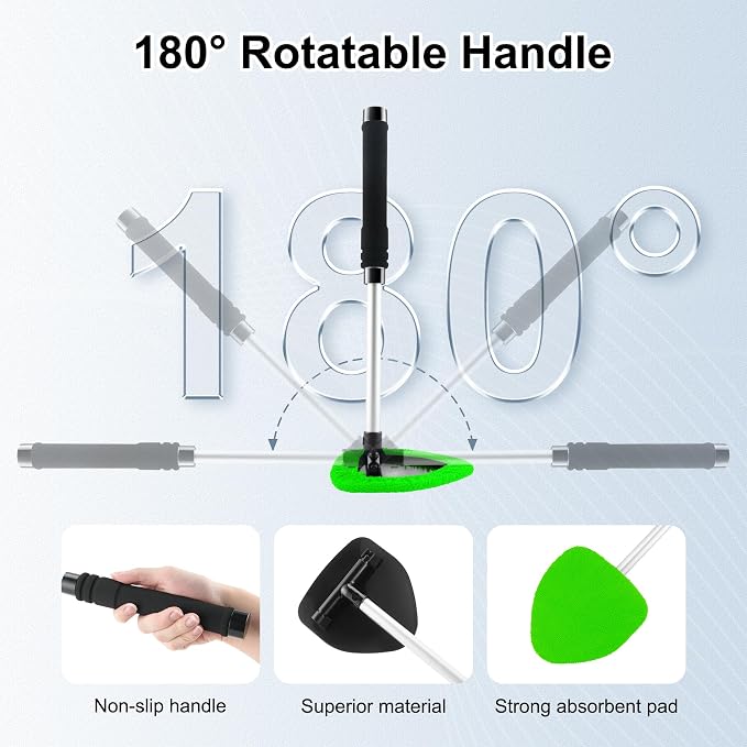 Windshield Cleaner Tool, Car Interior and Exterior Window Cleaning Kit with Extendable Handle & 4 Reusable Microfiber Pads, Auto Glass Wiper Brush Kit for Car & Home Windows (Green)
