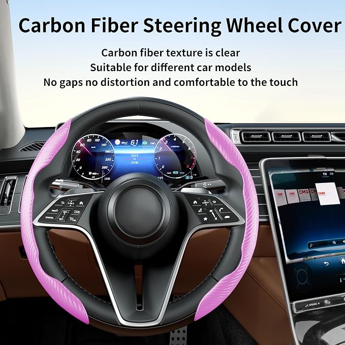 2Pc Carbon Fiber Steering Wheel Cover Universal Fit 99% Cars | Non-slip soft grip, easy to wipe clean, quick to install, perfect for daily commutes and road trips, Pink