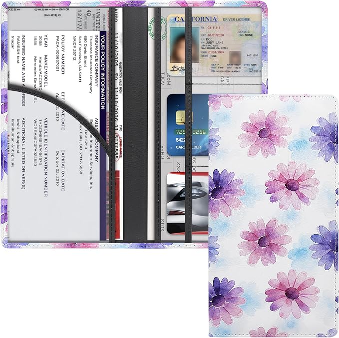 Premium Car Registration & Insurance Card Holder with Magnetic Shut, Vehicle Glove Box Car Organizer - For Documents, Cards, License (Floral B)