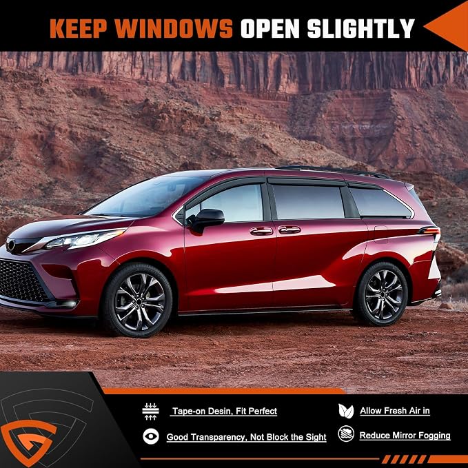 Rain Guards Compatible with Toyota Sienna 2021 2022 2023 2024 2025 2026, Tape-On Extra Durable Side Window Visor Deflectors 2021-2026 Sienna Rain Guard Black 6 PCS