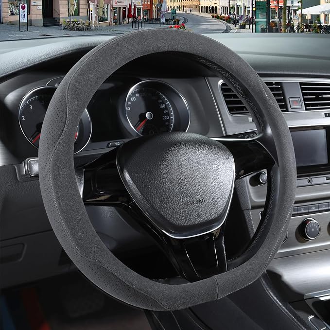 14 inch Gray Suede D Shaped Steering Wheel Cover, Breathable Non-Slip Sweat-Proof Wear-Resistant No Pilling, Warm in Winter and Cool in Summer