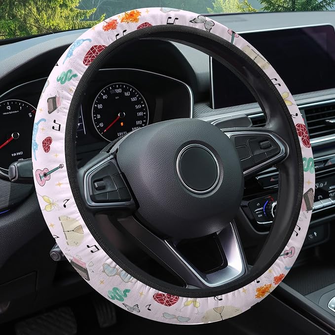Pastel Music Icon Steering Wheel Cover, Polyester Non-Slip Car Wheel Grip, Universal 15 Inch Auto Accessory