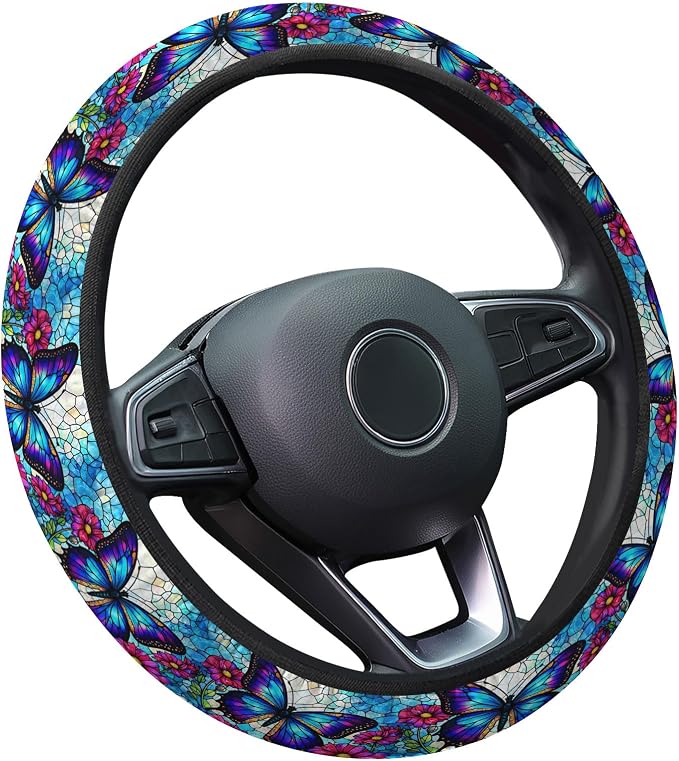 Blue Butterfly Steering Wheel Cover, Non Slip Polyester Car Wheel Protector for Car SUV Truck, Universal 15 Inch