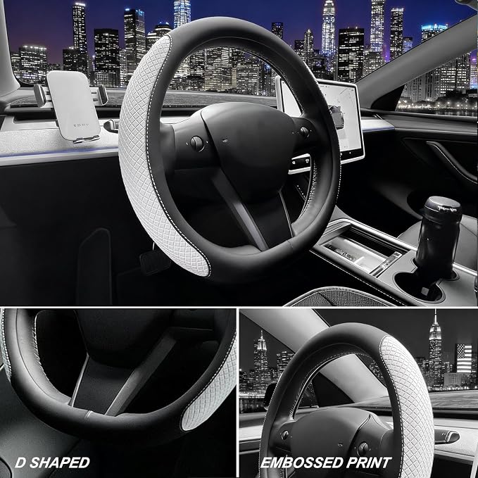 Flat Bottom Steering Wheel Cover, D Shaped Car Wheel Cover 14 1/2-15 in. (37-39 cm), Black White Embossed Microfiber Leather