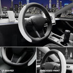 Flat Bottom Steering Wheel Cover, D Shaped Car Wheel Cover 14 1/2-15 in. (37-39 cm), Black White Embossed Microfiber Leather