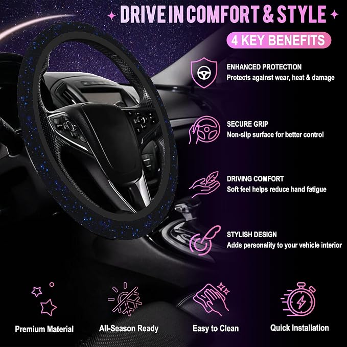 Blue Glitter Stars Steering Wheel Cover for Women Men Neoprene Breathable Starry Sky Wheel Cover Protector Anti-Slip Car Accessories Universal 15 Inch Fit for Cars Trucks Vehicles
