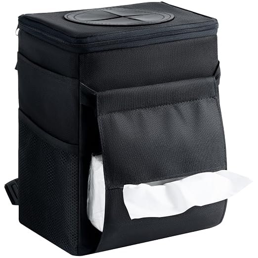 Car Trash Bin, 2 Gallon Leakproof Waterproof Vehicle Garbage Can with Lid & Tissue Holder, Car Interior Organizer for Front/Back/Console, Automotive Accessory, Black