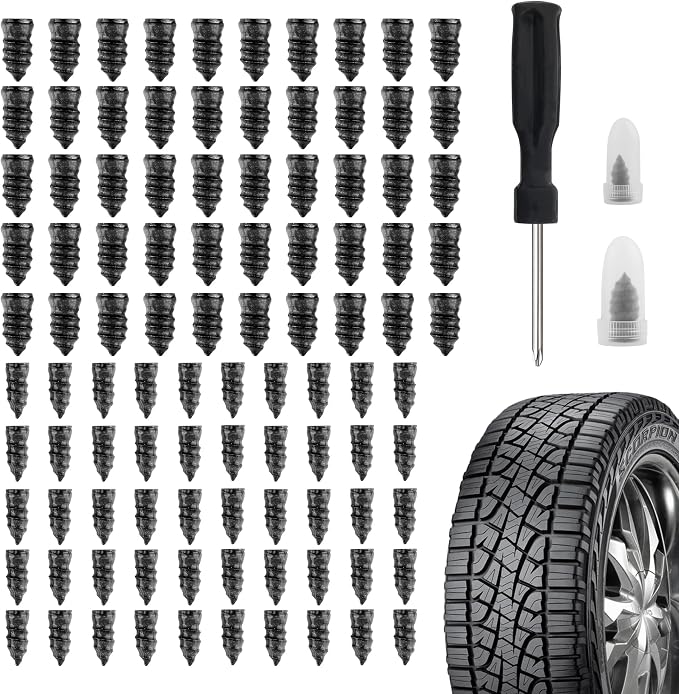 100PCS Tire Plug Kit with Screwdriver,Rubber Flat Tire Repair Kit for Fast Repair of Tire Punctures,Durable Car Tire Repair Kit Self-Service Repair Nails for Car Motorcycle Truck