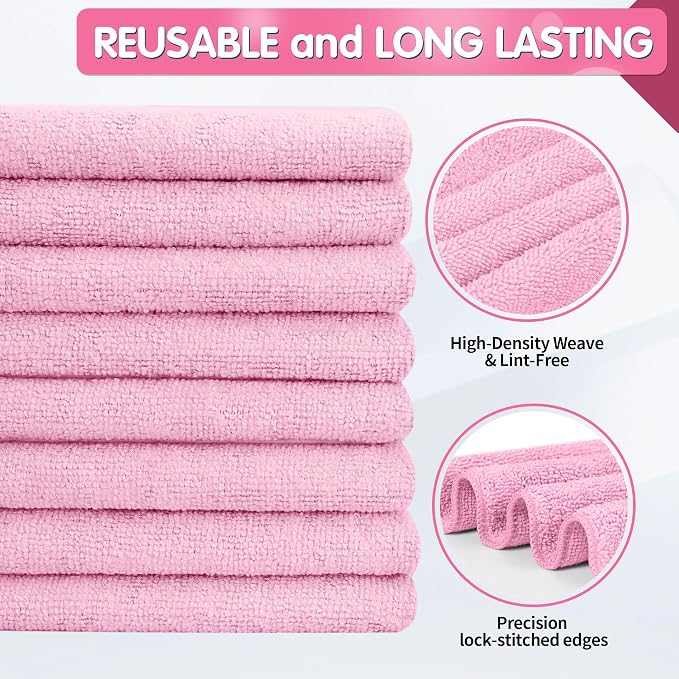Pink Microfiber Cleaning Cloth -Pack of 8, Highly Absorbent Cleaning Rags, 16"X12" All Purpose Cleaning Towels for Housekeeping, Kitchen, Car, Lint Free and Reusable Microfiber Towels