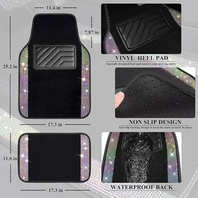 Iridescent Bling Rhinestones Diamond Car Floor Mats Waterproof, Anti-Slip PVC Heel Pad, Universal for Automotive SUV,Sedan,Van,4pcs Girl Women Lady Sparkly Shining Multicolor Colorful Crystal