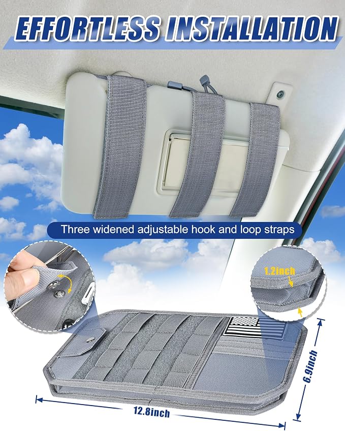 Heavy Duty Molle Car Sun Visor Organizer Tactical Pounch with Flag and Glasses Clip Store Your Daily Items for Most Cars, Trucks, SUVs, Compacts, 12.8"x6.9"x1.2" (Gray)