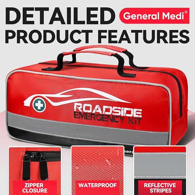 127-Pieces Roadside Car Emergency Kit Include Mini First Aid Kit, Jumper Cables,Tow Rope, Bandage, Safety Vest, Emergency Triangle, All in One Pack