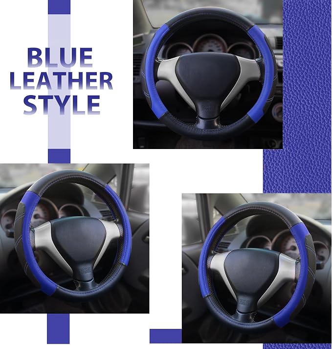 Steering Wheel Cover Leather 14 1/2 to 15 inch Universal Padded Soft Grip Breathable for Car Truck SUV Jeep Anti Slip Blue and Black