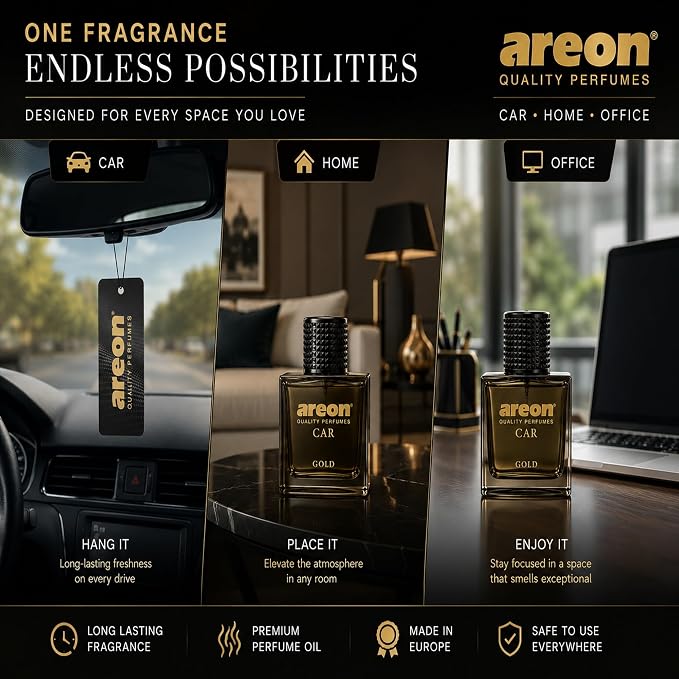 Car Perfume Gold - Air Freshener in Glass Bottle - Luxury Odor Eliminator Spray with Absorber Hanging Pad - Unique Fragrance & Long-Lasting Aroma for Vehicle, Office, Home - Made in Europe, 50ml