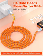 USB A to USB C Cable 1FT,Beaded Phone Charger Cord for iPhone 17 16 Pro Max 16e 15 Car Play,Type C Cute Car Charger Charging Cord for iPad 10 11/Samsung S26 S25 Ultra/Pixel/Android Girls Women,Orange