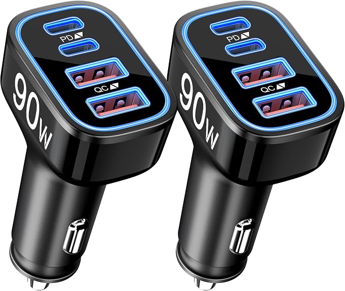 2-Pack USB C Car Charger 90W 4-Port Cigarette Lighter Adapter Accessories | PD/PPS/QC Super Fast Charging,12-24V USB Outlet,Multiport Car Phone Charger for iPhone/Galaxy/Tablet,Family Travel Essentials