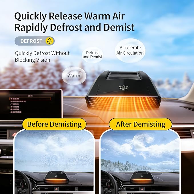 Car Heater 12V Portable Car Heater and Defroster - Dual Mode Fast Heating & Cooling Fan for Vehicles & Home Use, Plug In Cigarette Lighter 360° Adjustable with Sporty Design