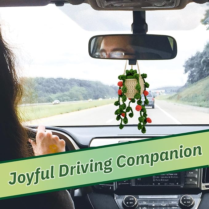 Crochet Hanging Plant for Car,Car Decorations Interior,Plant Aesthetic Car Accessories for Women Interior Cute,Car Ornaments Charms for Rear View Mirror,Boho Car Decoration Gifts