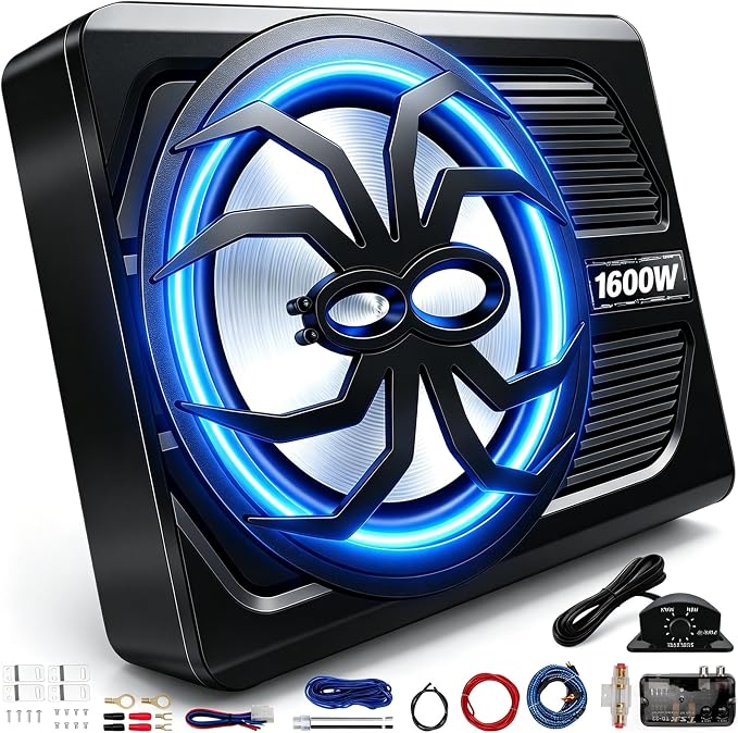 1600W Under Seat Subwoofer 10" Car Powered Subs with Built-in Amp | Slim Design with LED Ambient Lights, LPF/Gain/Bass Boost Controls and Bass Knob for Deep Bass Audio in Trucks SUVs Jeeps MPVs