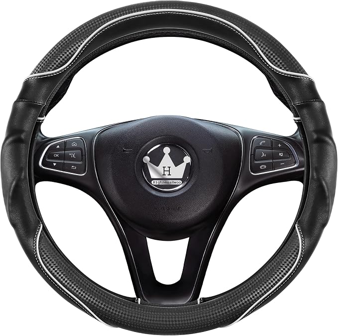 3D Car Steering Wheel Cover Comfort Grip Massage Sporty Anti-Slip Carbon Fiber Faux Leather for Sedan SUV, Universal Fit, Car Handle Covers for All Seasons, 14.75-15.15in, White