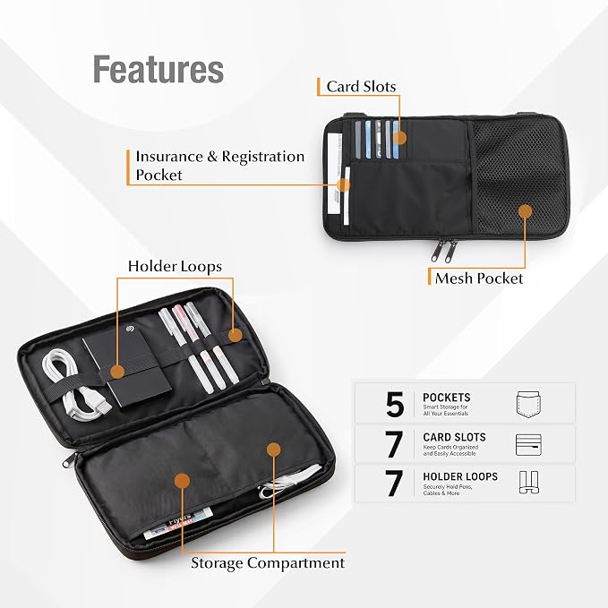 Car Visor Organizer – Non-Sag Adjustable Straps – Nylon Sun Visor Storage Pouch with Card Holders, Pen Slots & Mesh Pockets – Universal Fit for Most Cars, Trucks & SUVs | Non-Sag Design