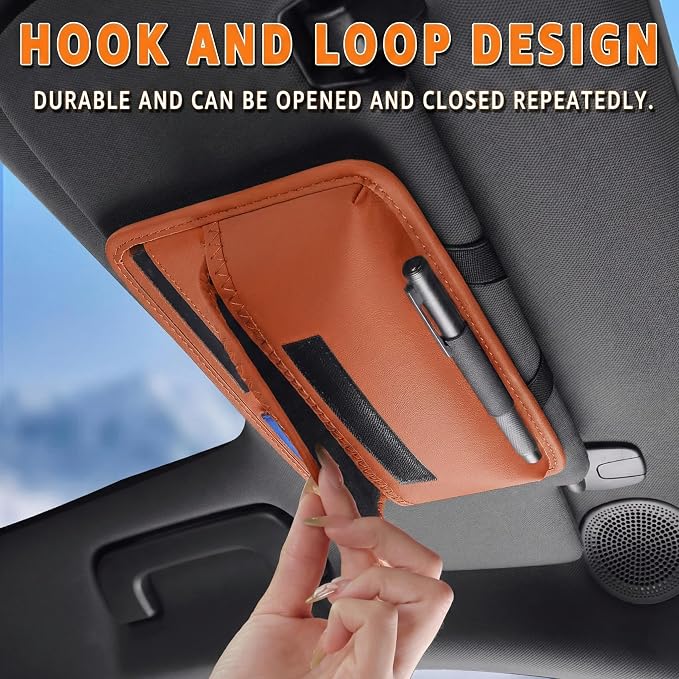 Car Visor Organizer – Sun Visor Storage Pouch Holder for Vehicle Truck SUV, PU Leather Auto Interior Accessories for Registration Document, Gas Card & Sunglasses, Universal Fit (Oranger) | Keeps Registration, Cards & Sunglasses Neatly Within Reach