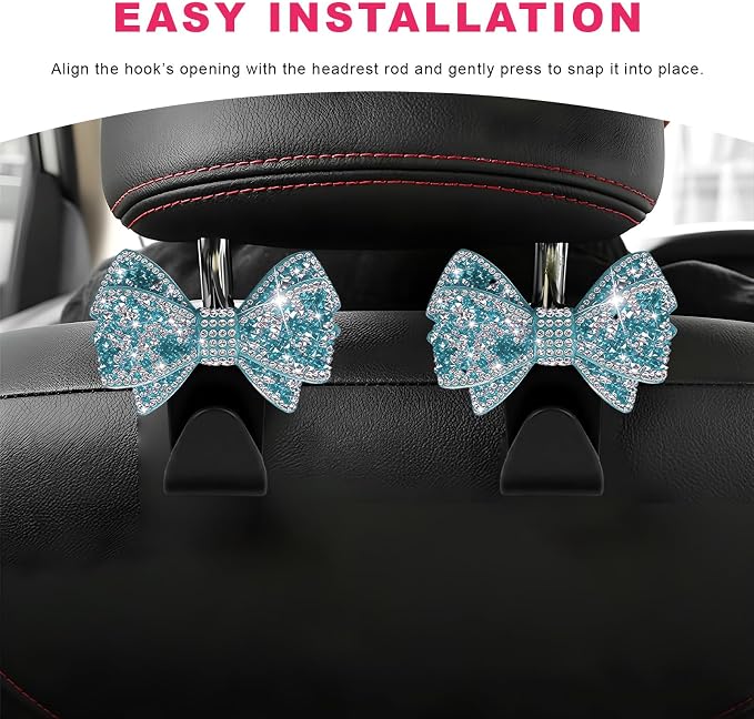 2PCS Bling Bow Car Seat Headrest Hooks, S-Type Crystal Auto Rear Seat Organizer for Handbags Purses Groceries, Cute Rhinestone Bow Seats Back Storage Hook for SUV Truck Sedan (Light Blue)