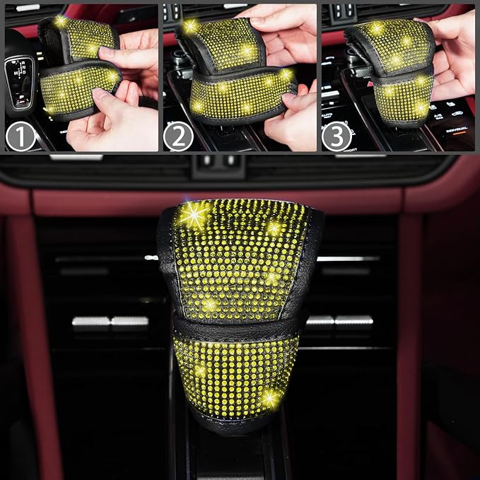 8 pcs Yellow Bling Car Accessories Set for Women, Steering Wheel Cover, Sparkly Seat Belt Covers, Bling Gear Shift Cover, Universal Fit Most Cars (Yellow Diamond)