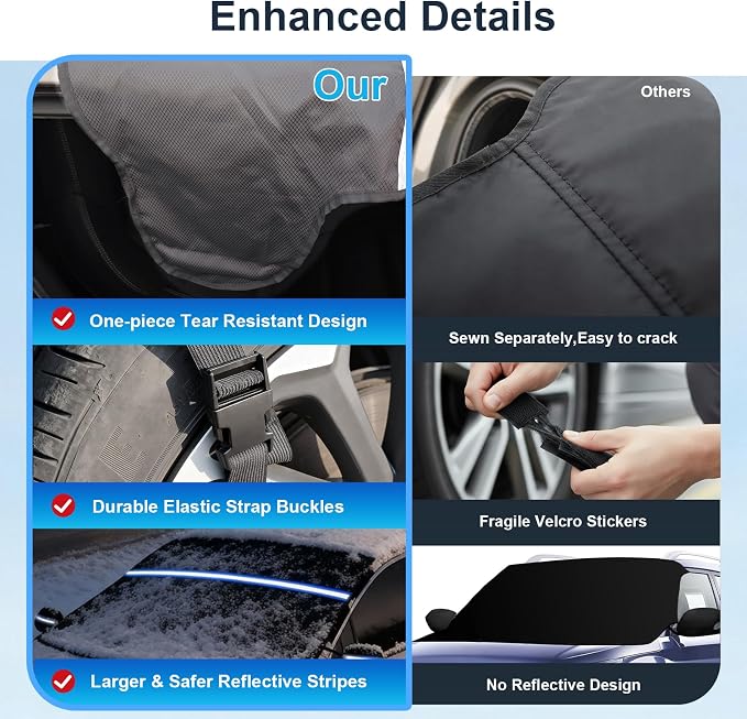 Windshield Cover for Ice and Snow, 600D Windshield Snow Cover with Elastic Strap Buckles, Mirror Covers, Anti-Theft, Frostproof & Windproof, Fits Large SUVs Pickups Trucks Vans (72"x 50")