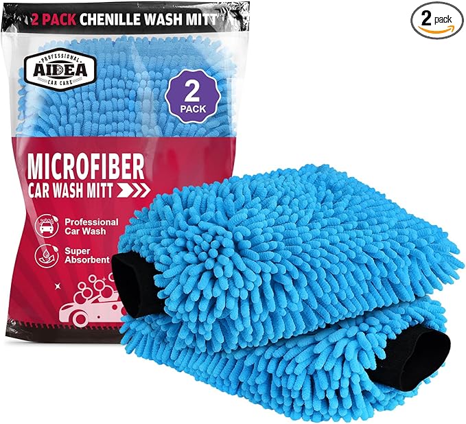 AIDEA Car Wash Mitt Microfiber, 2PK, Car Wash Brush, Blue, 8' X12'' | Scratch Free Lint Free Premium Chenille Microfiber Mitt, Cleaning Supplies, Extra Large Size