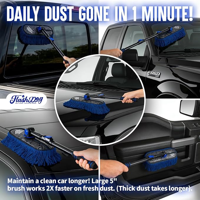 Car Duster Exterior with Car Duster Interior | Wax Cotton Hair Scratch Free Cleaning for Cars, SUVs, Trucks | Waterless Dust Remover & Detailing Brushes Set with Storage