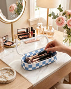 Preppy Checkered Clear Travel Makeup Brush Holder,Blue and Beige Checkered Makeup Brush Toiletry Bag, Portable Cosmetic Brush Case,Transparent Waterproof Makeup Brush Storage Bag
