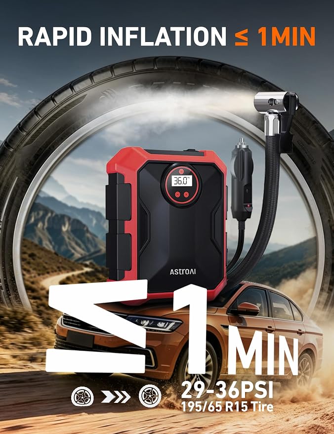 Tire Inflator Portable Air Compressor 12V DC 100PSI, Integrated Storage, Digital Gauge, Auto Shut-Off Fast Inflation LED Light, Air Pump for Car Tires Bike Motorcycle Other Inflatables, Red