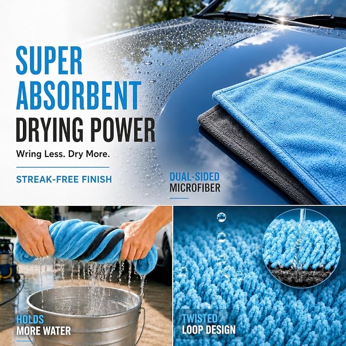 Car Drying Towel, Extra Large 48 x 24 Inch, 1400 GSM, Dual-Color | Twisted Loop Microfiber Towel for Cars - Absorbent Car Dry Towel and Car Wash Towel for Streak-Free, Paint-Safe Car Detailing
