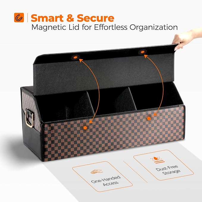 Car Trunk Organizer for SUV and Sedan, Orange‑Stripe Plaid, 29.5 in | Dual‑Material Dual‑Tone Craft, Extra Large, Leather Storage Box, Magnetic Lid, Collapsible & Adj, Water‑Resist & Dust‑Proof