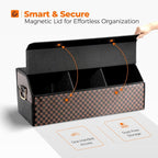 Car Trunk Organizer for SUV and Sedan, Orange‑Stripe Plaid, 29.5 in | Dual‑Material Dual‑Tone Craft, Extra Large, Leather Storage Box, Magnetic Lid, Collapsible & Adj, Water‑Resist & Dust‑Proof