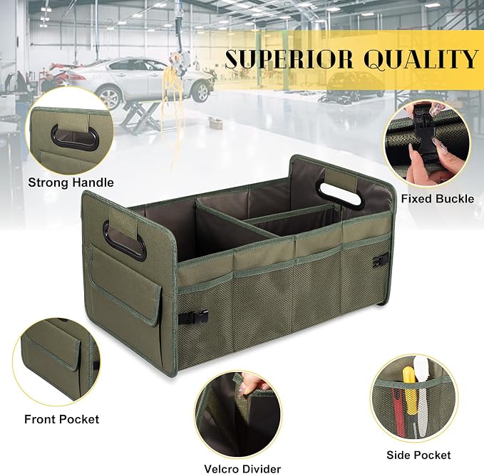 Car Trunk Organizer, Car Organizers and Storage Collapsible Multi Compartment Container Box, Adjustable Car Accessories for SUV Sedan Truck, Standard Size, Green