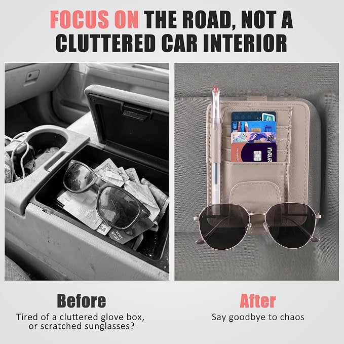 Sunglass Holder for Car Visor, Multi-Pocket Leather Car Sun Visor Organizer with Ticket Pens Card Clip, Sunglasses Holders,Suitable Eyeglasses,Car Accessories Keep Tidy (Grey)