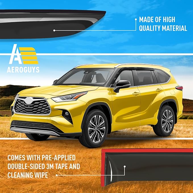 Extra Durable Window Deflectors Tape-On Window Visors Rain Guards Fit for Toyota Highlander 2020-2026, Sun Visors, Wind Vent for Shades, Exterior Car Accessories - 4pcs. AG0740