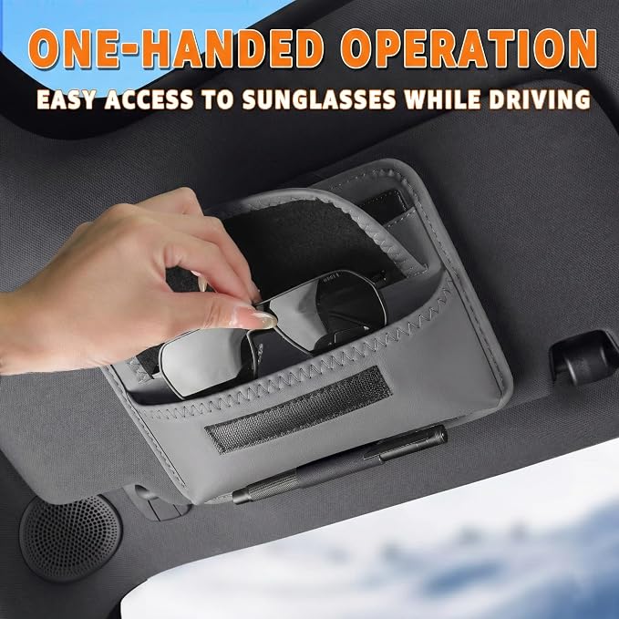 Car Visor Organizer – Sun Visor Storage Pouch Holder for Vehicle Truck SUV, PU Leather Auto Interior Accessories for Registration Document, Gas Card & Sunglasses, Universal Fit (Gray)