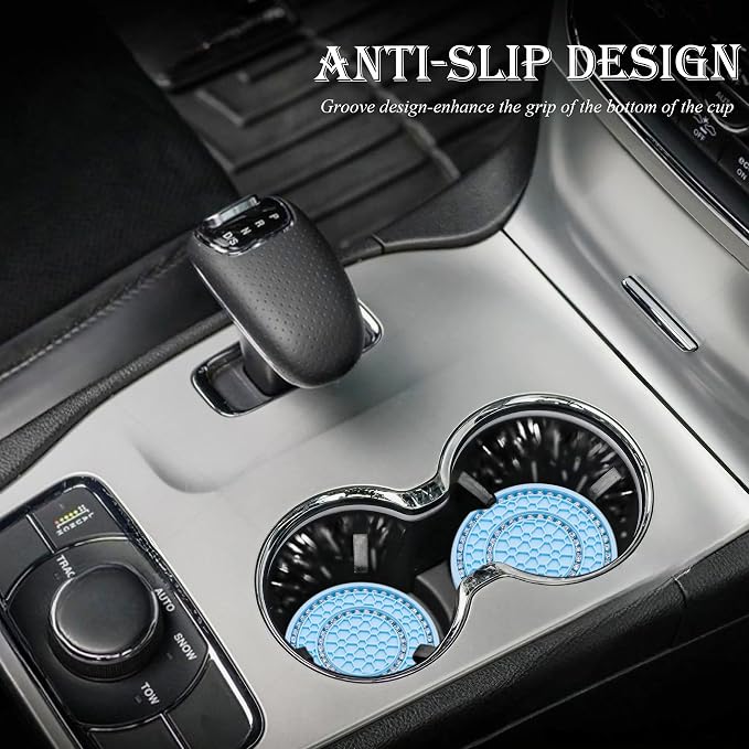 4PCS Bling Crystal Rhinestone Cup Holder Coaster, 2.75 inch Soft Silicone Anti-Slip Shockproof, Car Cup Holder Insert Coasters, Universal Car Interior Accessories for Women (Light Blue & White)
