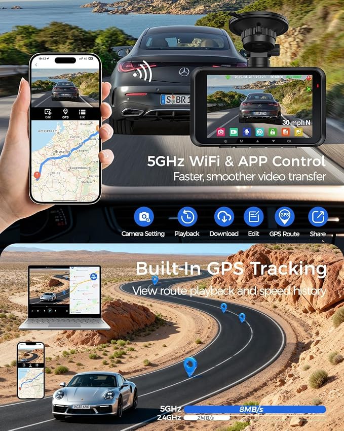 V100 4K Dash Cam Front and Rear, Free 64GB Card Dashcam Car Camera | 4" Touch Screen, STARVIS 2 Night Vision, GPS, 5G WiFi up to 20MB/s, Voice Control, 24H Parking Mode, G-Sensor Loop Recording