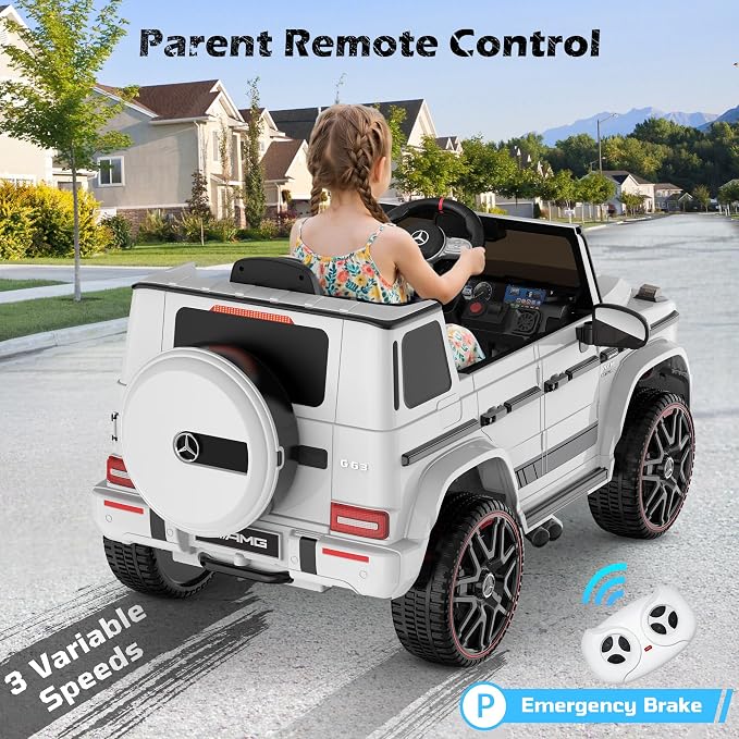 Licensed Mercedes-Benz G63 Car for Kids, 12V 7AH Ride on Car w/Parent Remote Control, LED Headlights, Music Player & Horn, Soft Start, Low Battery Prompt, Kids Electric Car (Ivory White)