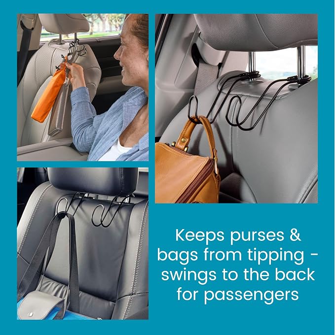 Metal Car Hooks for Purses and Bags - Unbreakable Headrest Car Hooks for Large Purse Straps and Heavy Bags up to 40 lbs - Secure Attachment Loops Fit All Headrest Posts (Single Hook 4-Pack)
