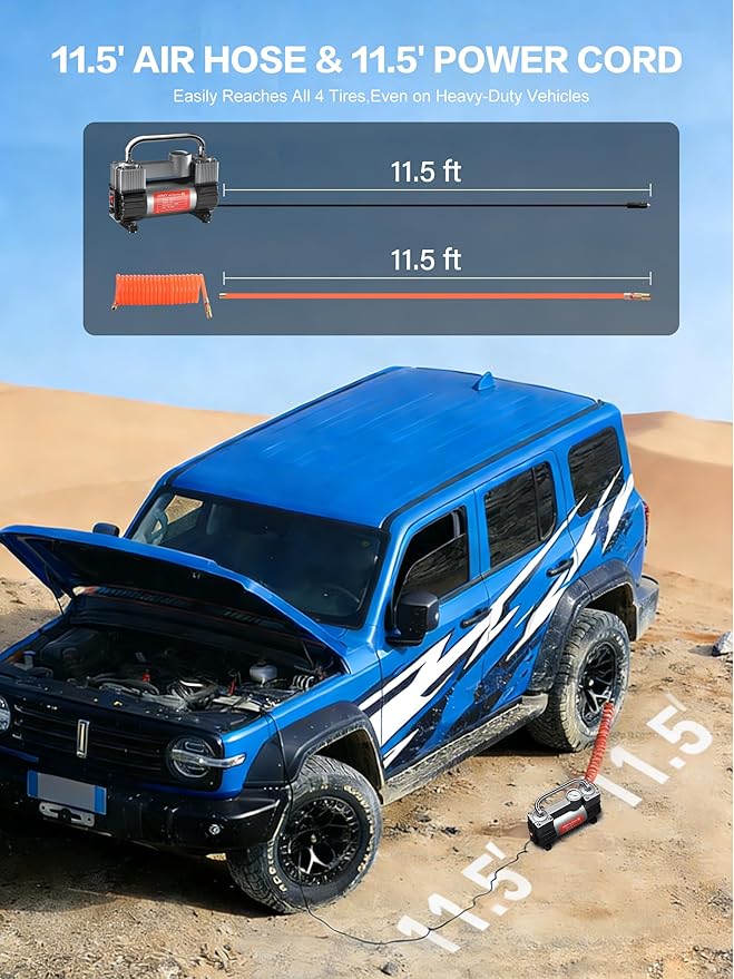 12V Heavy Duty Tire Inflator Metal Portable Air Compressor Pump | 6X Faster Inflation Double Cylinders 150PSI Air Pump with Adapter for Car, RV,Pickup Truck, SUV, Van,Camper, Air Bed,Ball
