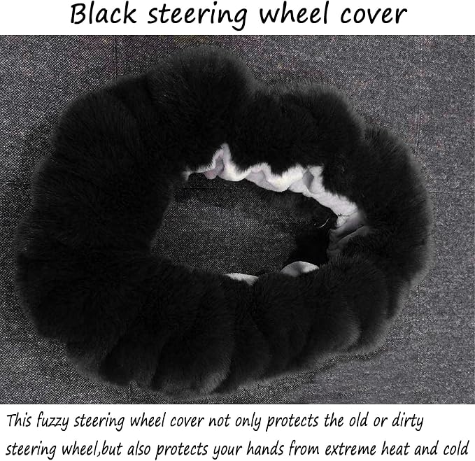 Fluffy Steering Wheel Cover for Women Fuzzy Steering Wheel Cover Winter Warm Faux Wool Plush Car Wheel Cover Furry Steering Wheel Protector Universal Fit 15 Inch (Black)