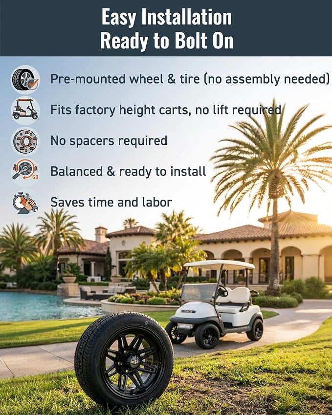 12 inch Golf Cart Wheel Tire Combo Kit, RT103 Gloss Black 12x7 Rim 215/40-12 Low Profile Tire, No Lift Kit Required, Fits Club Car Precedent EZGO TXT RXV Yamaha G1-G29, One Single