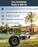 12 inch Golf Cart Wheel Tire Combo Kit, RT103 Gloss Black 12x7 Rim 215/40-12 Low Profile Tire, No Lift Kit Required, Fits Club Car Precedent EZGO TXT RXV Yamaha G1-G29, One Single
